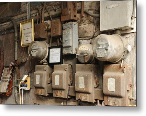 Electricity Metal Print featuring the photograph Mind the Cat and Circuit Breakers by Bradford Martin