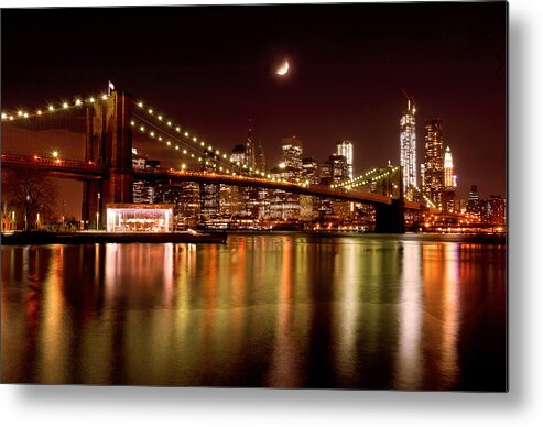 Amazing Brooklyn Bridge Photos Metal Print featuring the photograph Moon Over the Brooklyn Bridge by Mitchell R Grosky