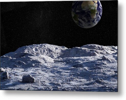 Dust Metal Print featuring the photograph Moon surface with distant Earth and starfield by Photovideostock
