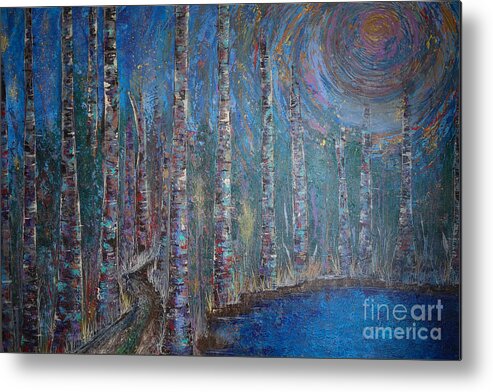 Moonlit Night With Birch Trees Metal Print featuring the painting Moonlit Birch Path In Blue by Jacqueline Athmann