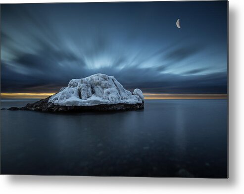 Awakening Metal Print featuring the photograph Moonset before Sunrise the Lutsen Rock by Jakub Sisak