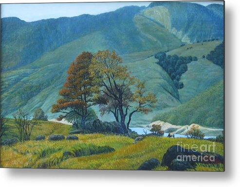 Mountain Metal Print featuring the painting Mountain Behind Fields by Tierong Fu