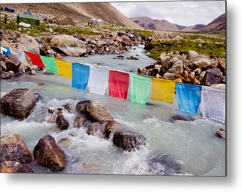 Mountain Metal Print featuring the photograph Mountain river and buddhist flags lungta by Raimond Klavins