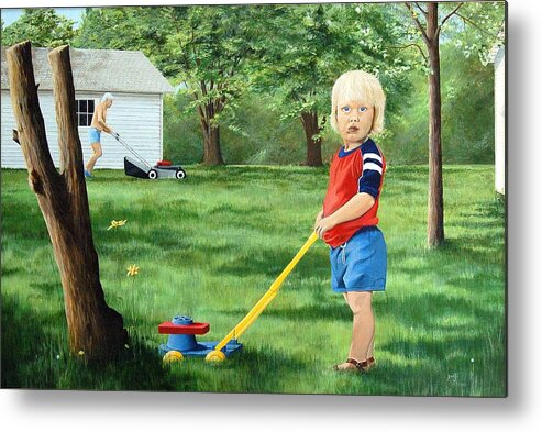 Figures Metal Print featuring the painting Mowing by AnnaJo Vahle