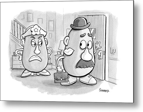 Captionless Adultery Metal Print featuring the drawing Mrs. Potato Head Casts A Dirty Look by Benjamin Schwartz