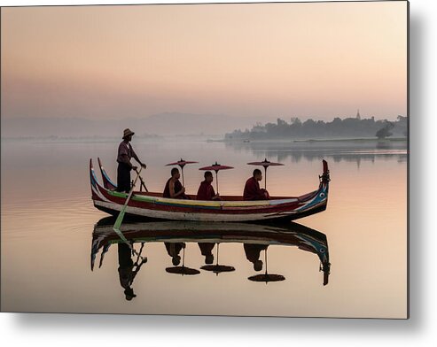 Dawn Metal Print featuring the photograph Myanmar, Monks In Boat At Ubein Bridge by Martin Puddy