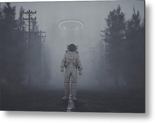 Conspiracy Metal Print featuring the photograph Mysterious UFO and walking astronaut on the forest road at night by Gremlin
