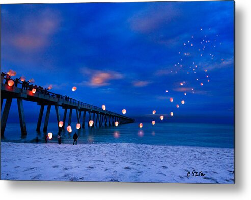 Beach Pier Metal Print featuring the photograph Navarre Beach Fishing Pier - Night Landscape by Eszra Tanner