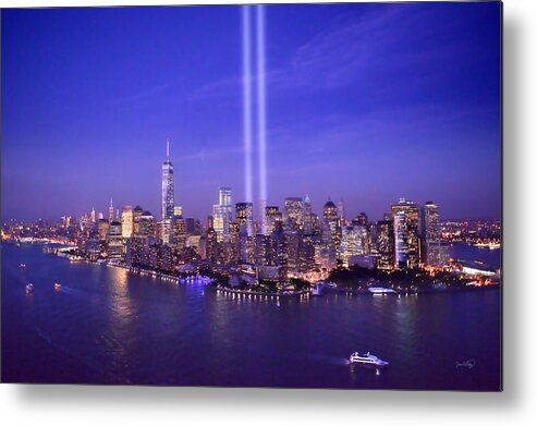 New York City Skyline Night Metal Print featuring the photograph New York City Tribute in Lights World Trade Center WTC Manhattan NYC by Jon Holiday
