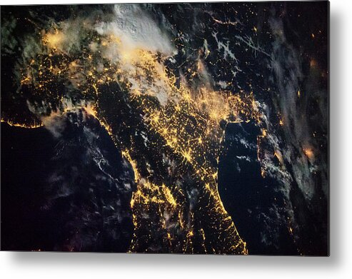 Photography Metal Print featuring the photograph Night Time Satellite Image Of Genoa by Panoramic Images