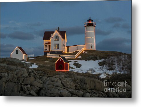 Lighthouse Metal Print featuring the photograph Nubble lighthouse at Christmas by Steven Ralser