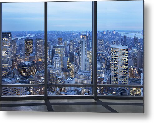 Office Metal Print featuring the photograph Office Window Over A Lit City by Buena Vista Images