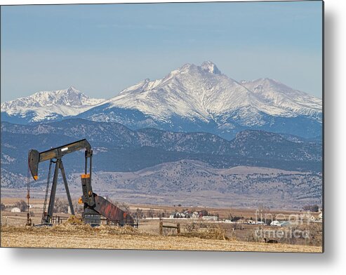Colorado Metal Print featuring the photograph Oil Well Pumpjack and Snow Dusted Longs Peak by James BO Insogna