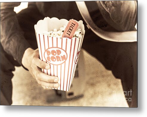 Popcorn Metal Print featuring the photograph Old box of retro popcorn by Jorgo Photography