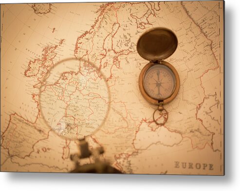 Engraving Metal Print featuring the photograph Old Map With Focus On Germany by Andrew howe