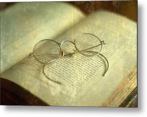 Old Metal Print featuring the photograph Old Silver Spectacles and Book by Suzanne Powers