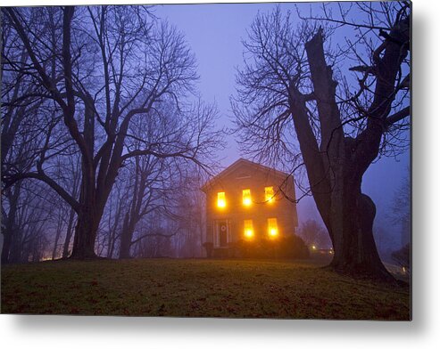 Tranquility Metal Print featuring the photograph Old stone house on foggy night by Matt Champlin