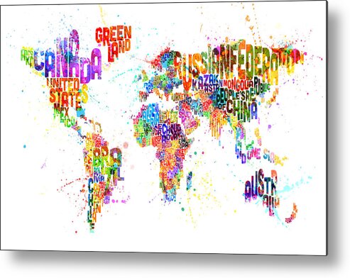 Map Of The World Metal Print featuring the digital art Paint Splashes Text Map of the World by Michael Tompsett