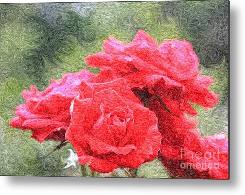 Red Roses Metal Print featuring the photograph Painterly Red English Roses with Green Swirls by Beverly Claire Kaiya