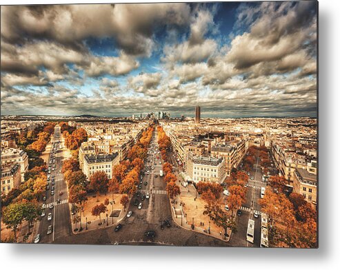 Panoramic Metal Print featuring the photograph Paris Aerial View Of La Defense by Franckreporter
