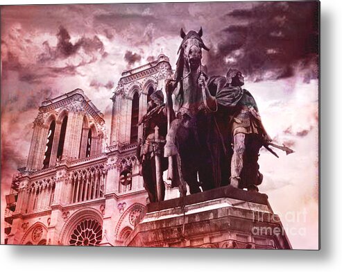 Paris Notre Dame Prints Metal Print featuring the photograph Paris Charlemagne Notre Dame Cathedral Sculpture Monument Landmark - Paris Charlemagne Monument by Kathy Fornal