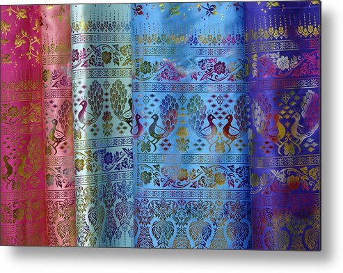 Asia Metal Print featuring the photograph Peacocks on Silk by Michele Burgess