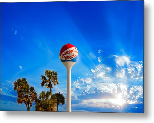 Florida Metal Print featuring the photograph Pensacola Beach Ball Water Tower and Palm Trees by Eszra