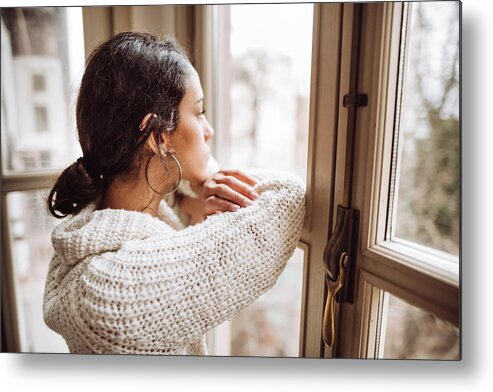Tranquility Metal Print featuring the photograph Pensive Woman In Front Of The Window by Franckreporter