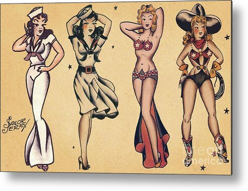 Vintage Metal Print featuring the photograph Pin Up Girl Tattoo Sheet by Action