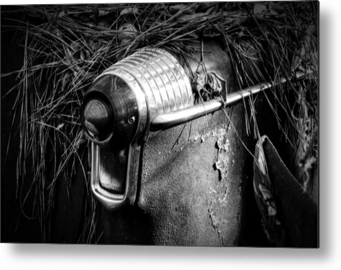 Tail Light Metal Print featuring the photograph Pine Needles on Tail Light in Black and White by Greg and Chrystal Mimbs