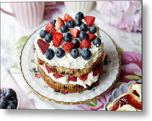 West Yorkshire Metal Print featuring the photograph Plate Of Fruit And Cream Cake by Debby Lewis-harrison