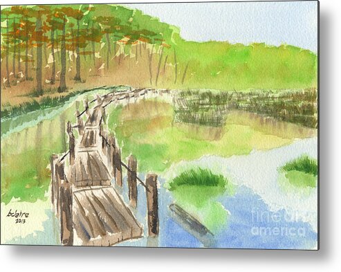 Pond Metal Print featuring the painting Pond with Rickety Wooden Bridge by Beverly Claire Kaiya