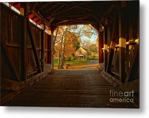 Poole Forge Covered Bridge Metal Print featuring the photograph Poole Forge Covered Bridge - Lancaster County PA by Adam Jewell