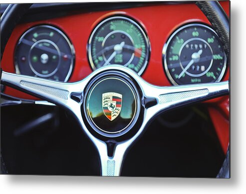 Porsche Steering Wheel Metal Print featuring the photograph Porsche C Steering Wheel Emblem -1227c by Jill Reger