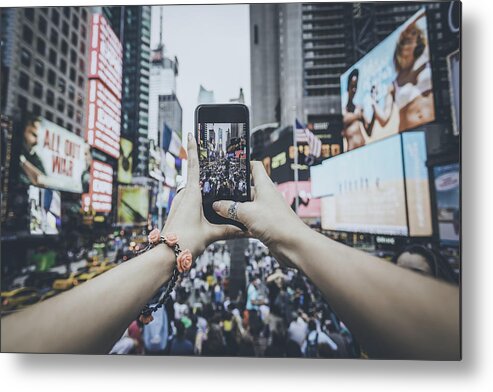 Event Metal Print featuring the photograph POV Woman Taking Picture With Mobile Phone at Times Squares, NYC by Onfokus
