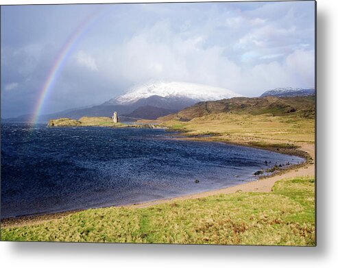 Quinag Metal Print featuring the photograph Rainbow Over Ardveck Castle by Steve Allen/science Photo Library