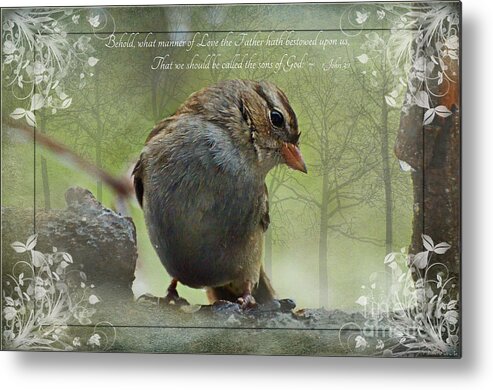 Nature Metal Print featuring the photograph Rainy Day Sparrow with verse by Debbie Portwood