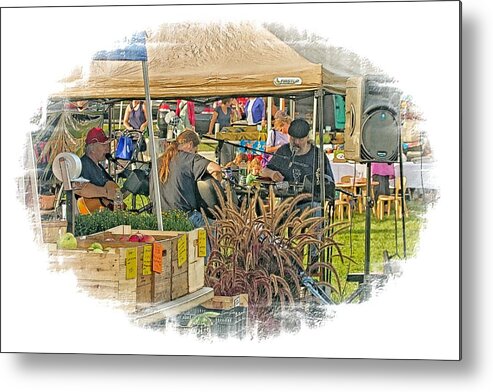 Framers Market Metal Print featuring the photograph Ramshackle Trio Playing At The Plymouth Farmers Market by Constantine Gregory