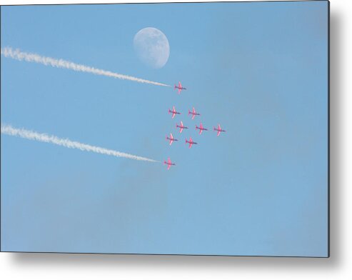 Jets Metal Print featuring the photograph Red Arrows pass the moon by Tim Senior