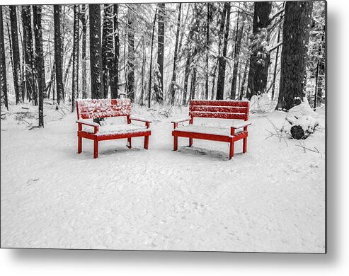 Trees Metal Print featuring the photograph Red Benches by Cathy Kovarik