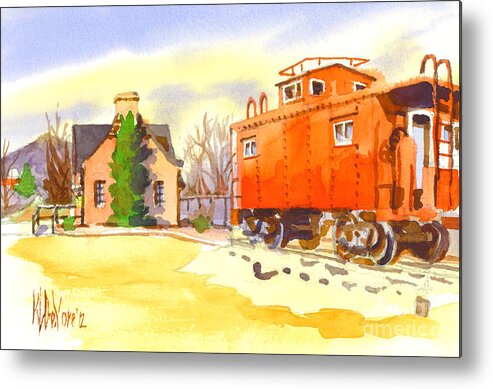 Red Caboose At Whistle Junction Ironton Missouri Metal Print featuring the painting Red Caboose at Whistle Junction Ironton Missouri by Kip DeVore
