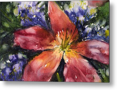 Flower Metal Print featuring the painting Red Daylily by Judith Levins