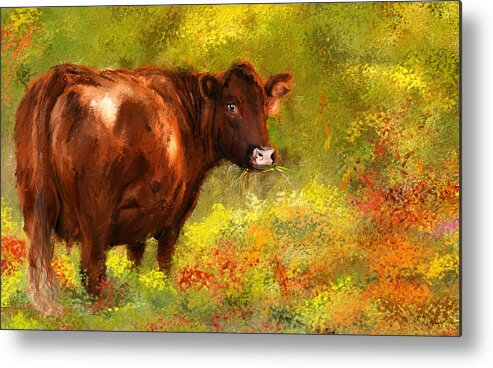 Red Devon Cattle Metal Print featuring the painting Red Devon Cattle - Red Devon Cattle in a Farm Scene- Cow Art by Lourry Legarde