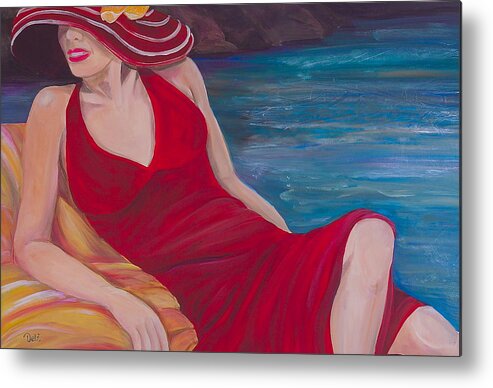 Woman Metal Print featuring the painting Red Dress Reclining by Debi Starr