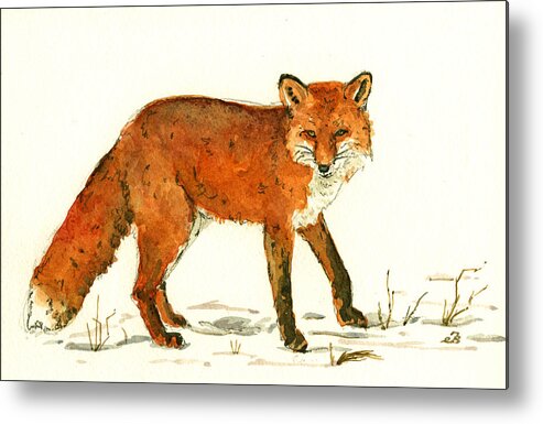 Red Metal Print featuring the painting Red Fox in the snow by Juan Bosco