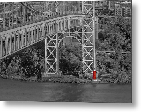 Autumn Metal Print featuring the photograph Red Lighthouse And Great Gray Bridge BW by Susan Candelario