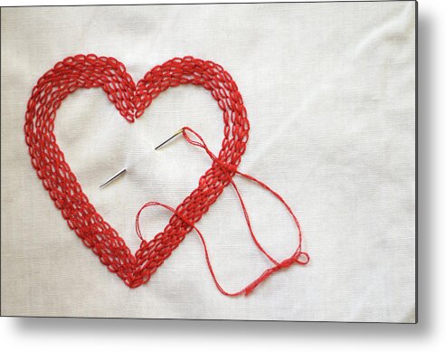Material Metal Print featuring the photograph Red Love Heart Made With Needle And by Miss Pearl