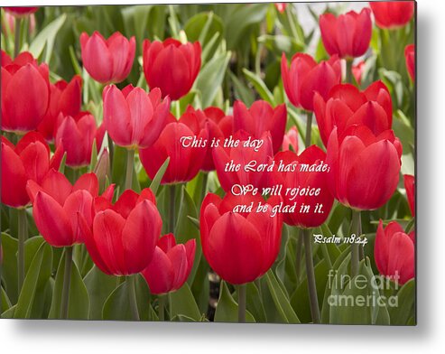 Red Metal Print featuring the photograph Red Tulips with Scripture by Jill Lang