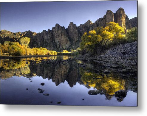 Yellow Trees Metal Print featuring the photograph Reflections of fall colors in the Salt River by Dave Dilli