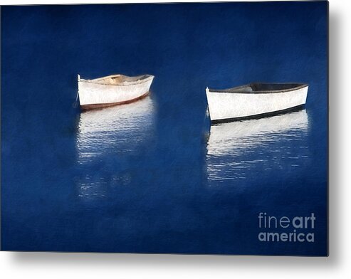 Rowboats Metal Print featuring the digital art Reflections on Blue by Jayne Carney